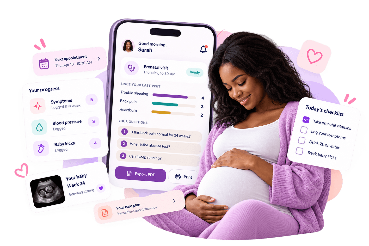 SwyftMom app features surrounding an expectant mother, including appointment prep, symptom tracking and a daily checklist